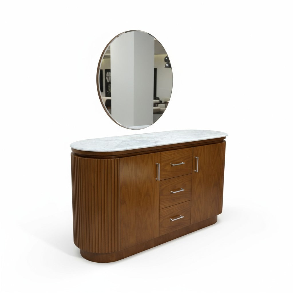 بوفيه مودرن بسطح رخام أنيق ومراية دائرية