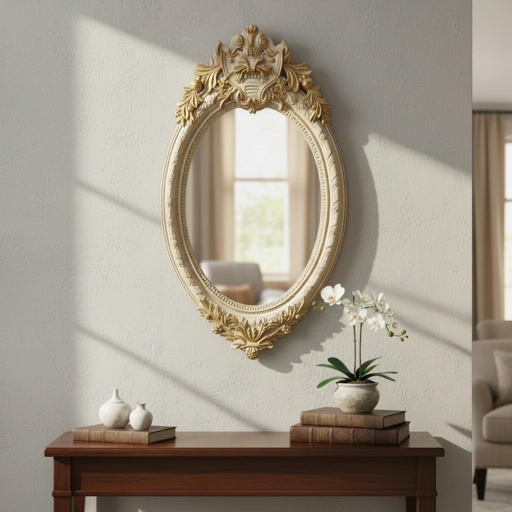مرآة حائط كلاسيك بيضاوية بإطار مزخرف فخم لون أوف وايت وذهبي