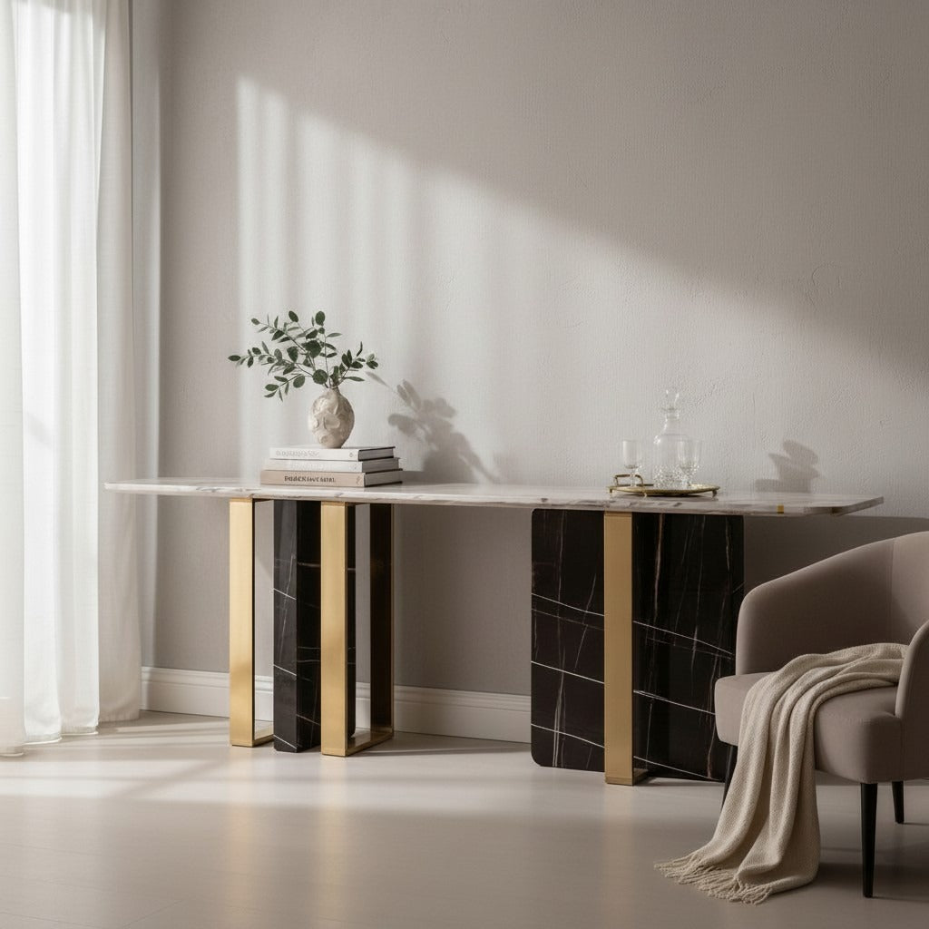 كونسول مودرن فاخر بسطح رخامي وقاعدة معدنية ذهبية - Nabolia