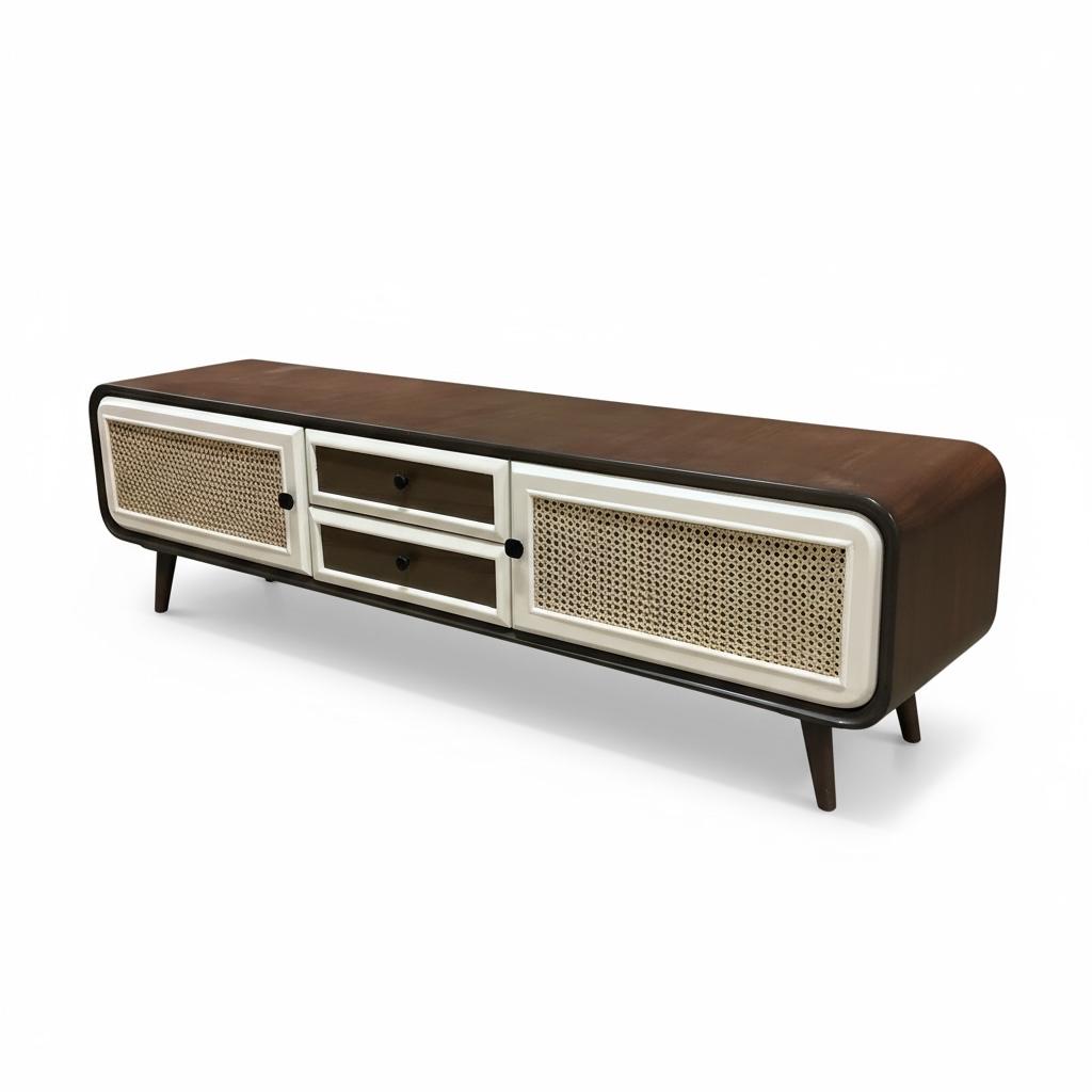 وحدة تلفزيون مودرن بتصميم خشبي أنيق وخوص طبيعي