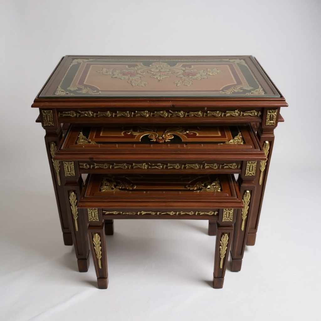 طقم ترابيزات ثلاثي متداخل مطعم بالنحاس والمارتكريه