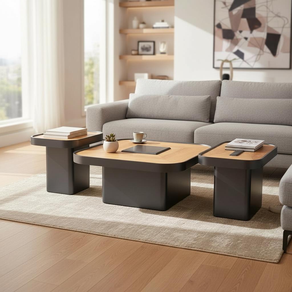 طقم ترابيزات مودرن ٣ قطع بتصميم خشابي وإطار أبيض