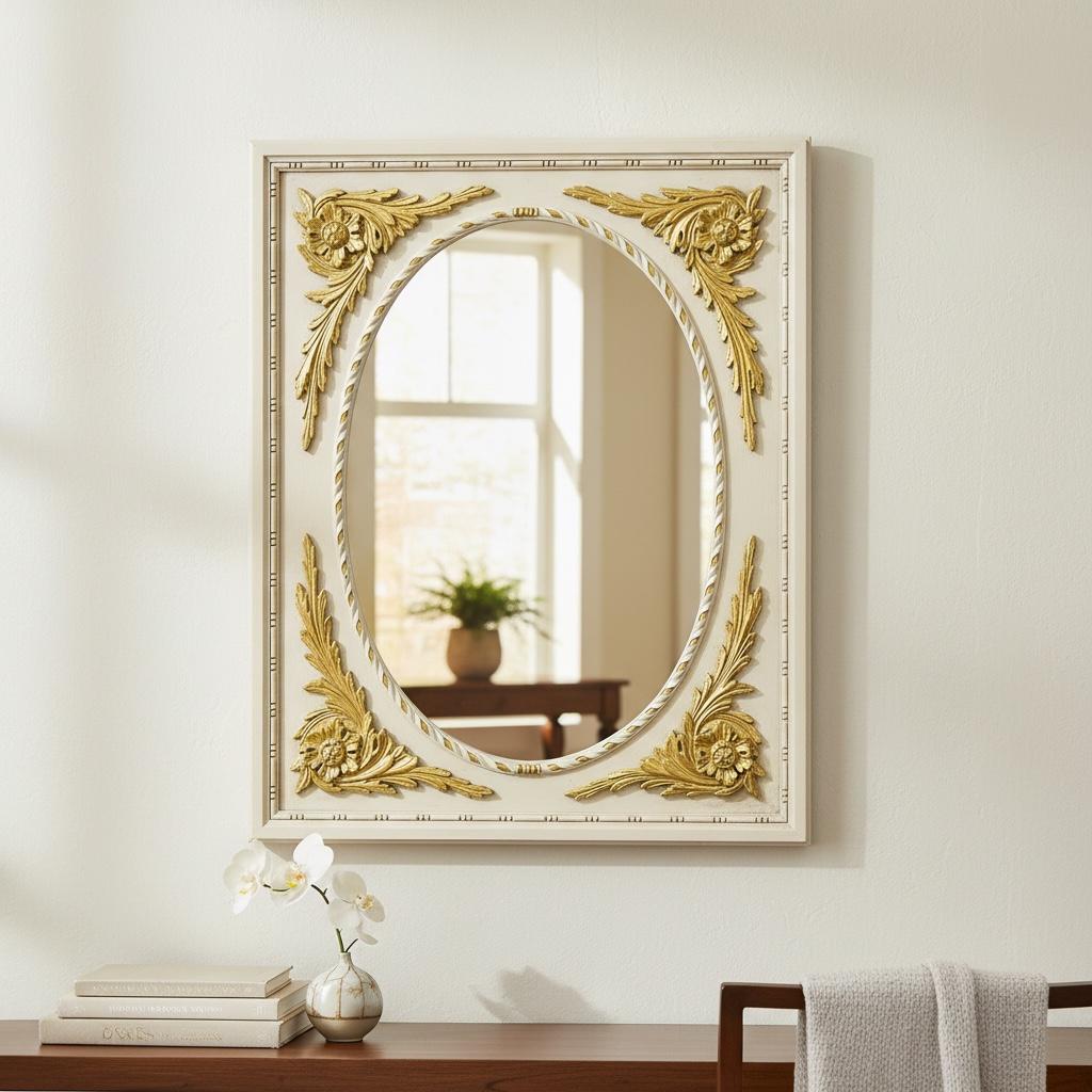 برواز مرايا كلاسيك بإطار ابيض في ذهبي أنتيك من الخشب الطبيعي