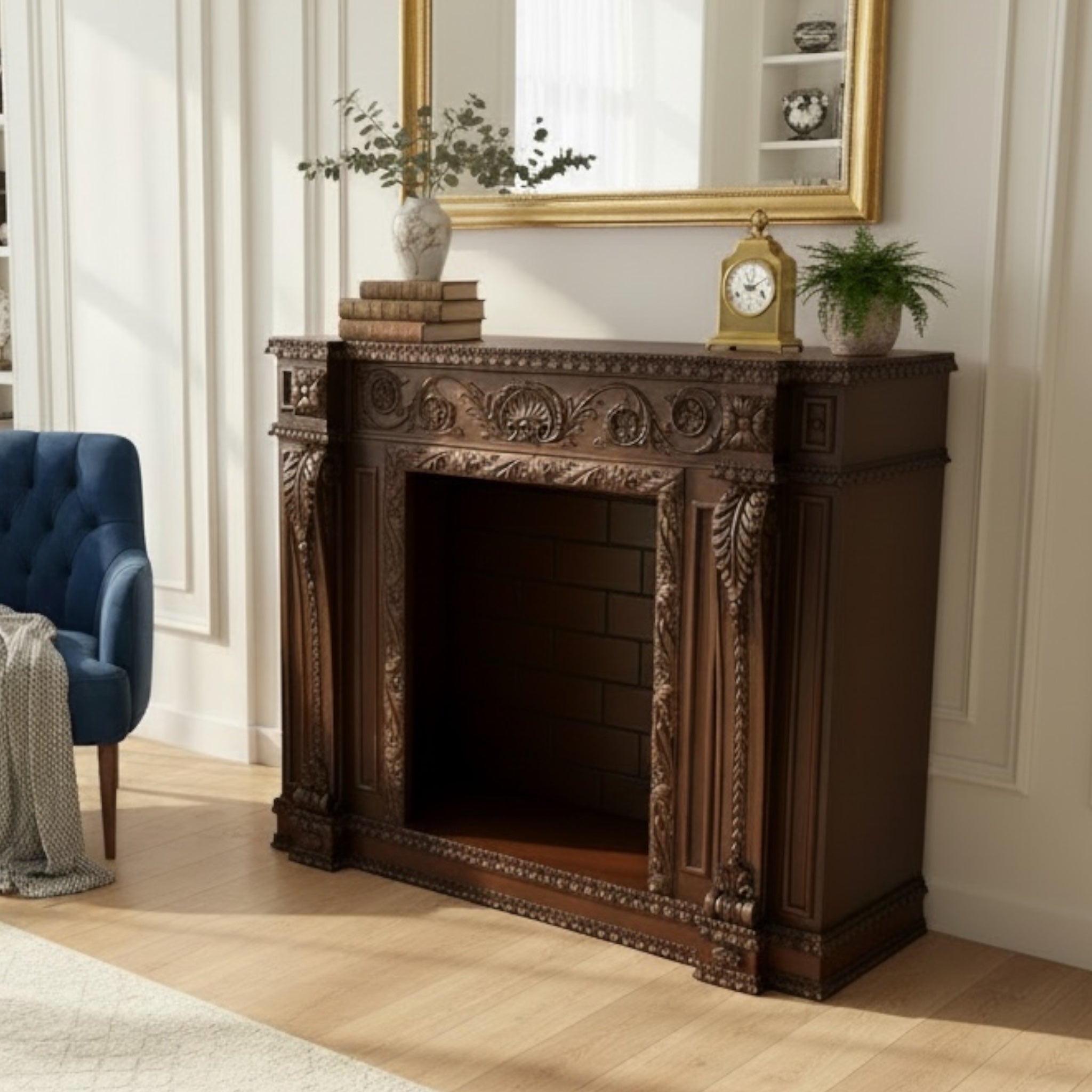 مدفأة كلاسيك أنيقة بحفر يدوي وتصميم فرنسي