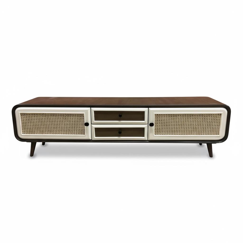 وحدة تلفزيون مودرن بتصميم خشبي أنيق وخوص طبيعي