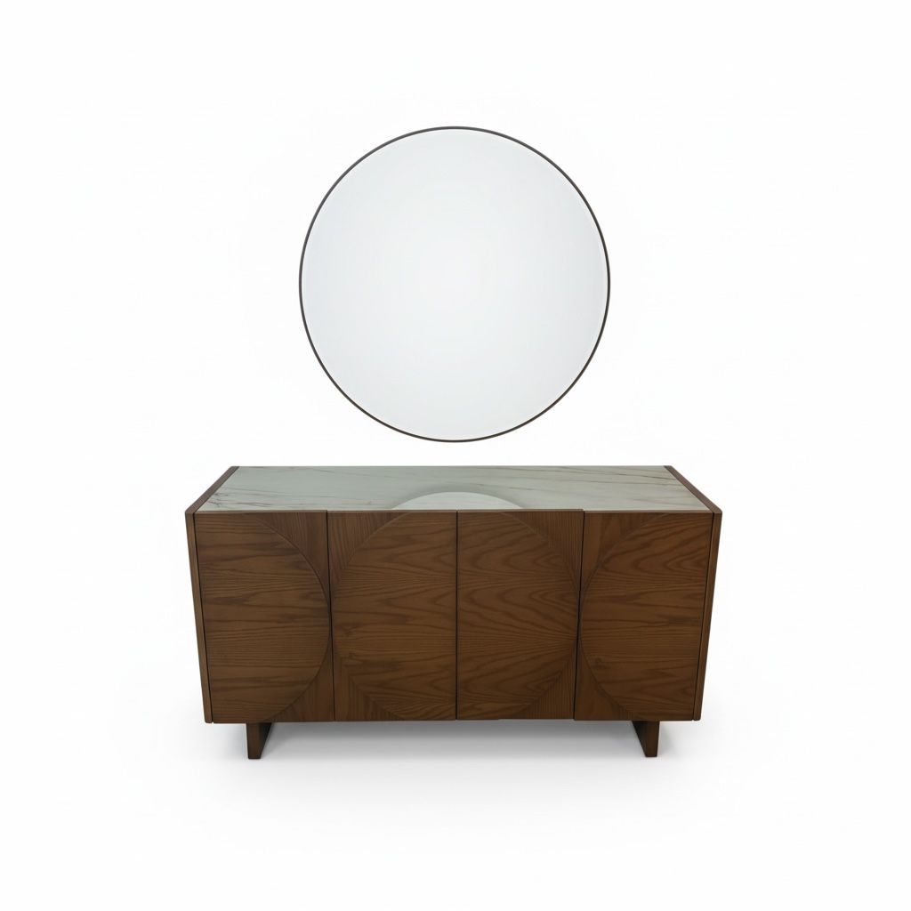 بوفيه مودرن خشب طبيعي مع مرآة دائرية