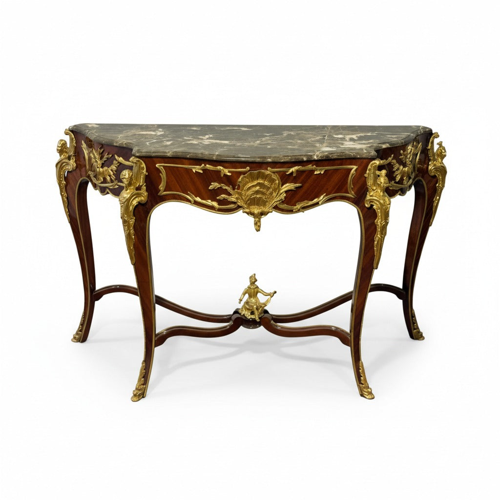 كونسول كلاسيك فاخر بسطح رخام وتطعيمات نحاس