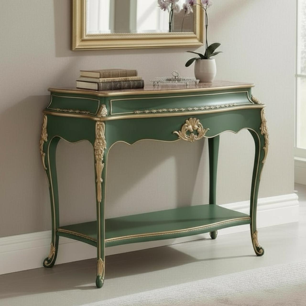 كونسول مدخل خشب زان برخام إمبرادور وتطعيم نحاس مشغول يدويًا