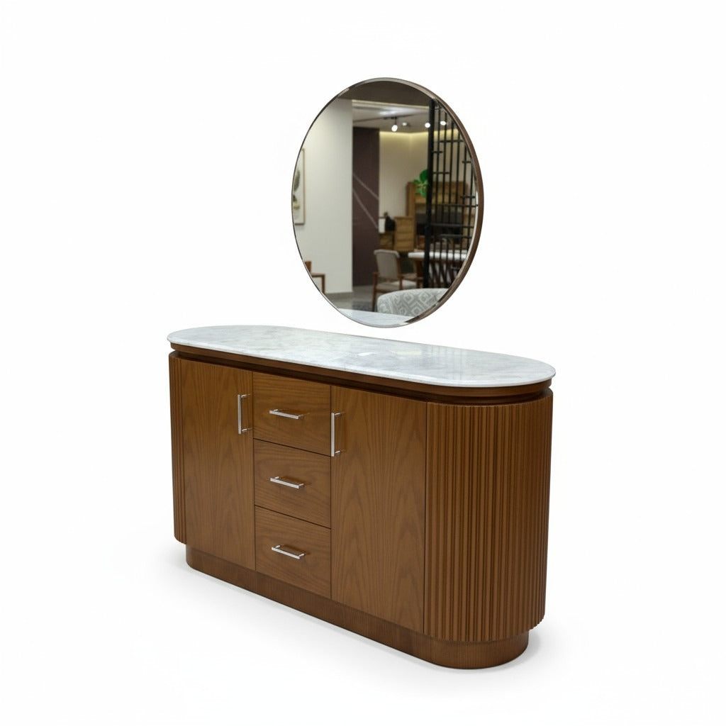 بوفيه مودرن بسطح رخام أنيق ومراية دائرية