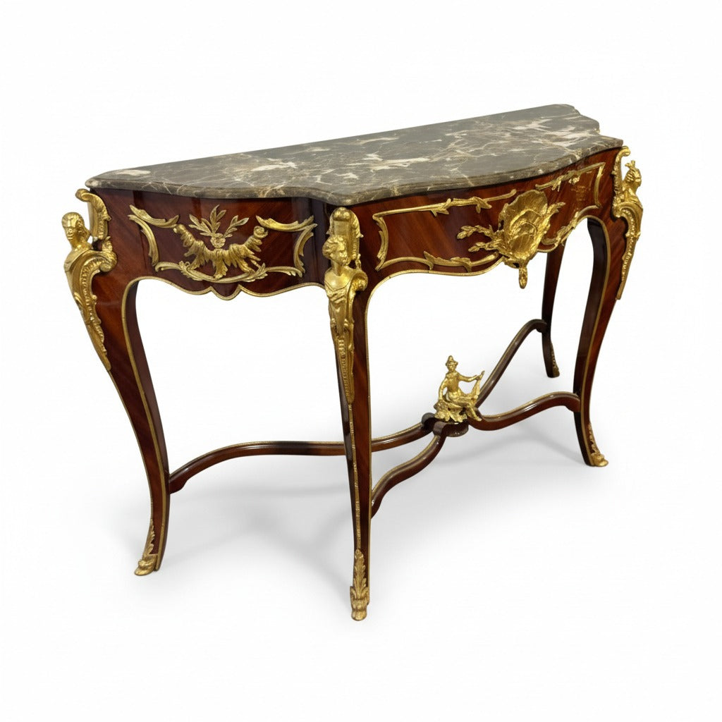 كونسول كلاسيك فاخر بسطح رخام وتطعيمات نحاس