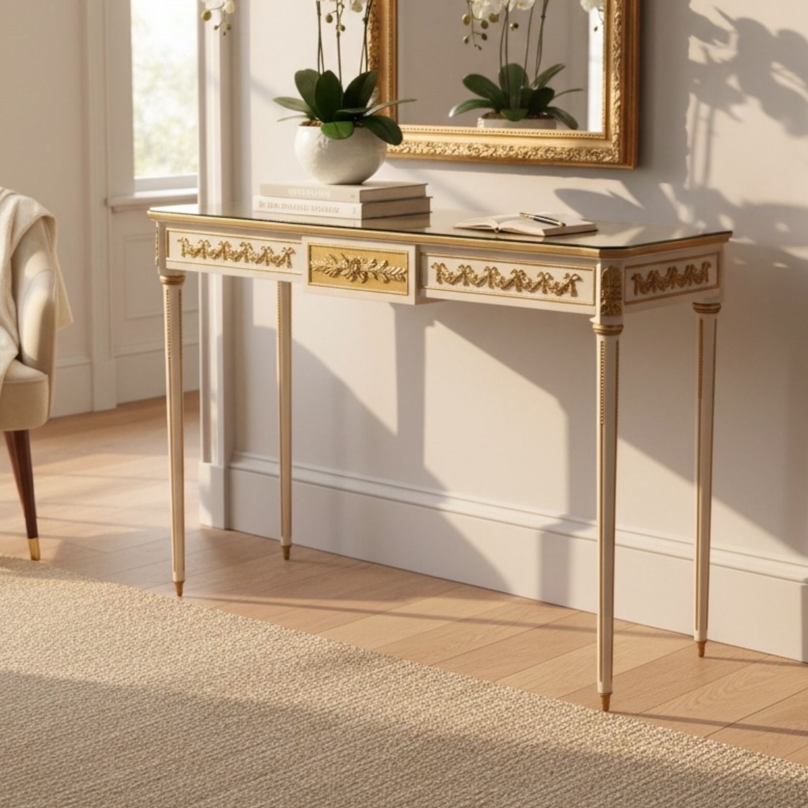 كونسول كلاسيك فاخر بلون أوف وايت و بتطعيمات نحاسية