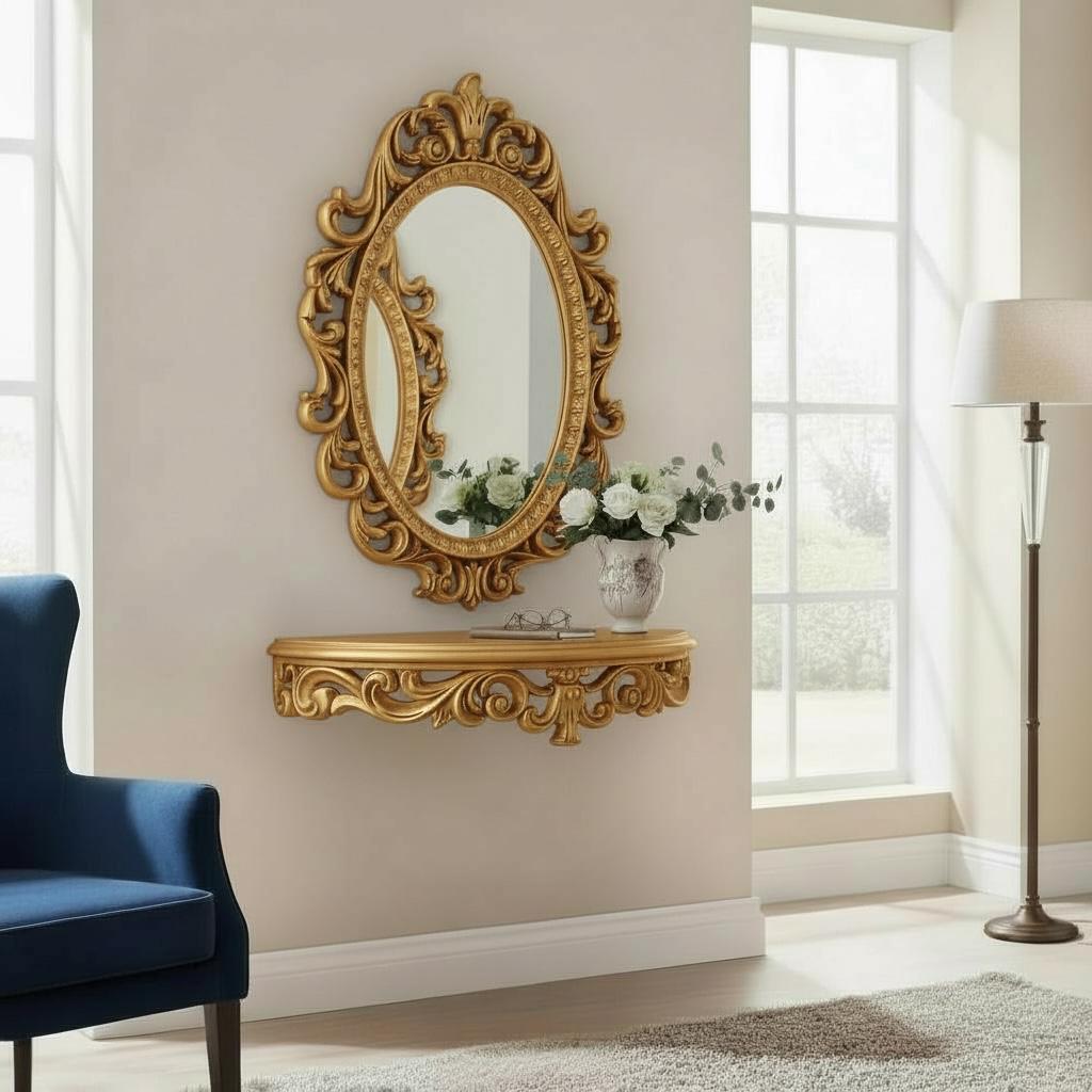 كونسول حائط كلاسيك مع برواز خشب محفور