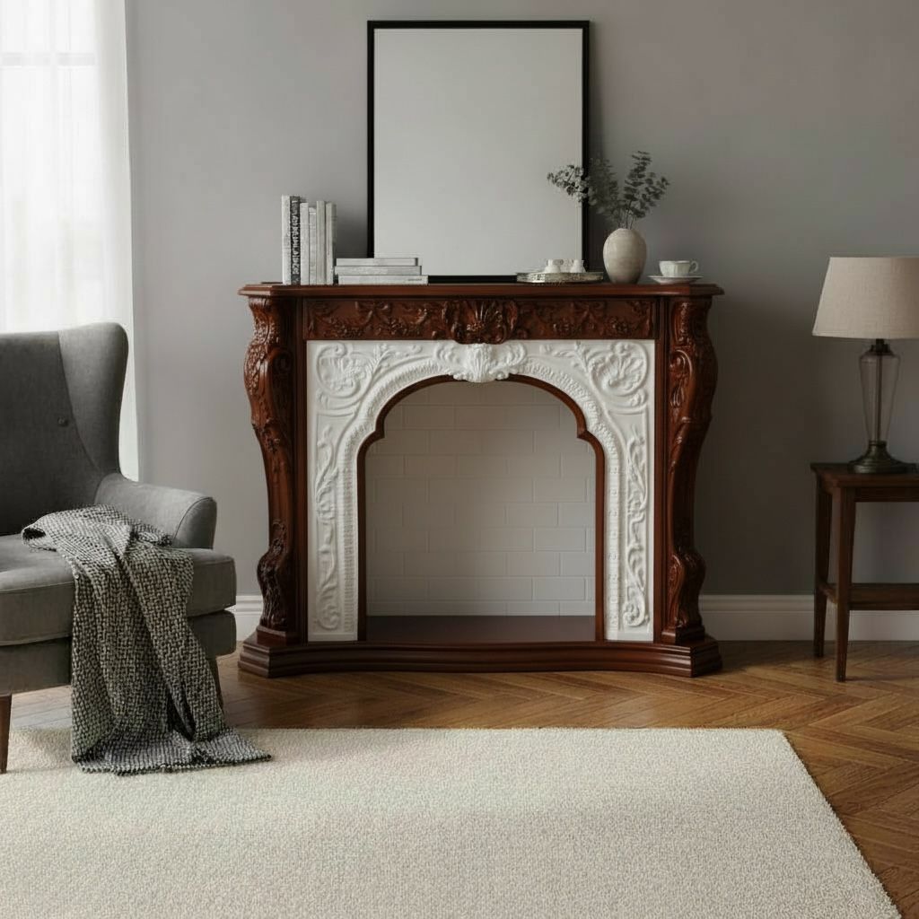 مدفأة كلاسيك فاخرة بحفر بارز وتصميم أنيق