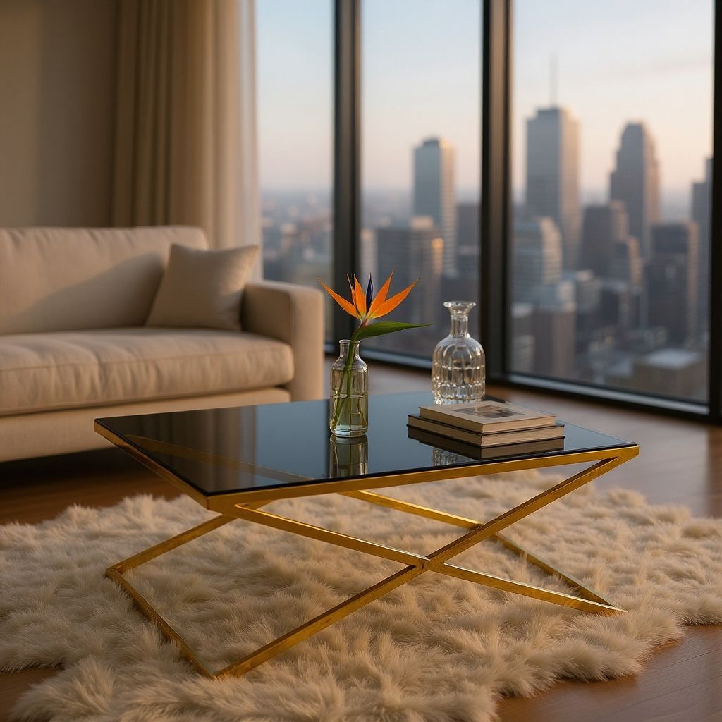 ترابيزة قهوة مستطيلة بقاعدة معدنية متداخلة و سطح زجاجي