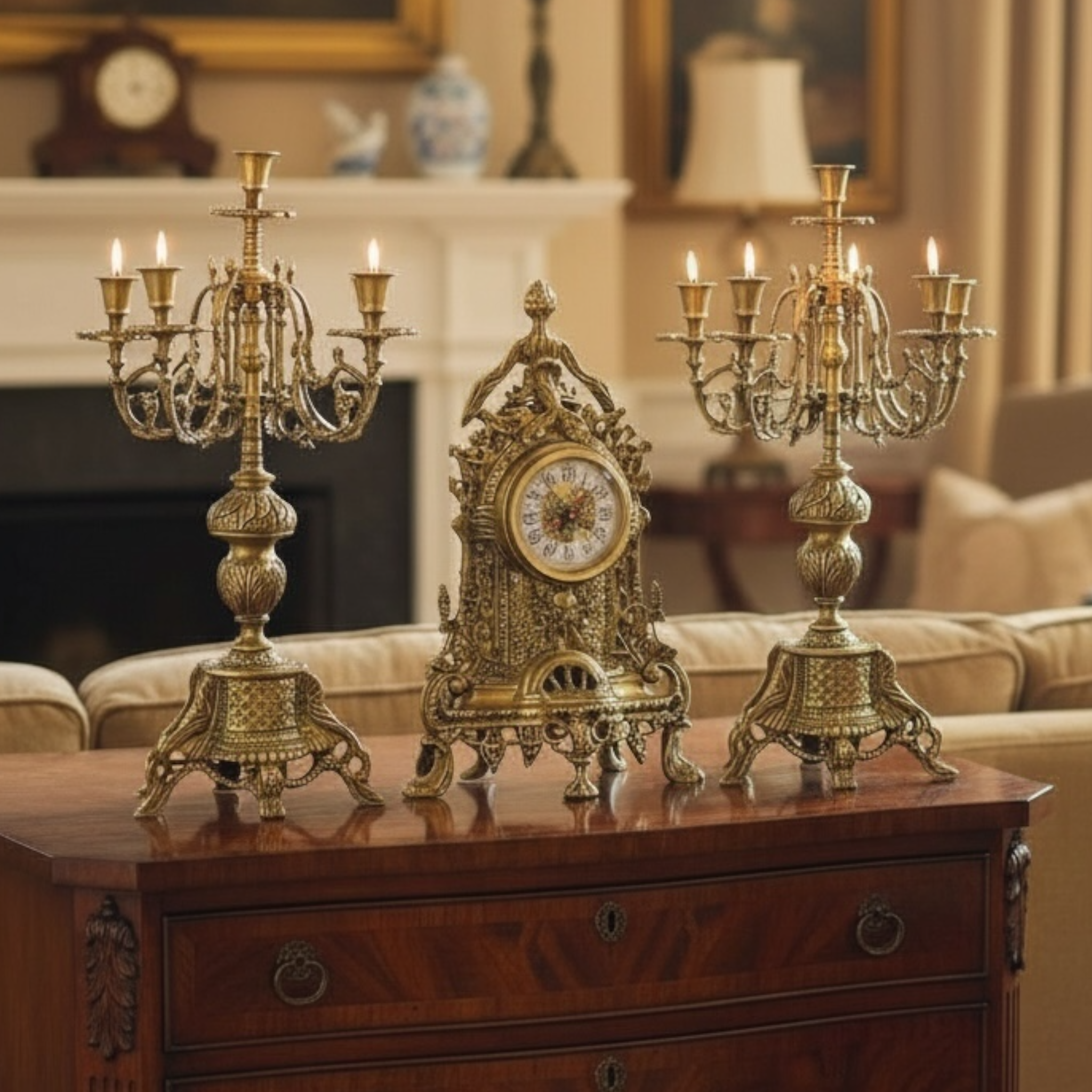 طقم ساعة وشمعدان من النحاس بتصميم كلاسيكي فاخر
