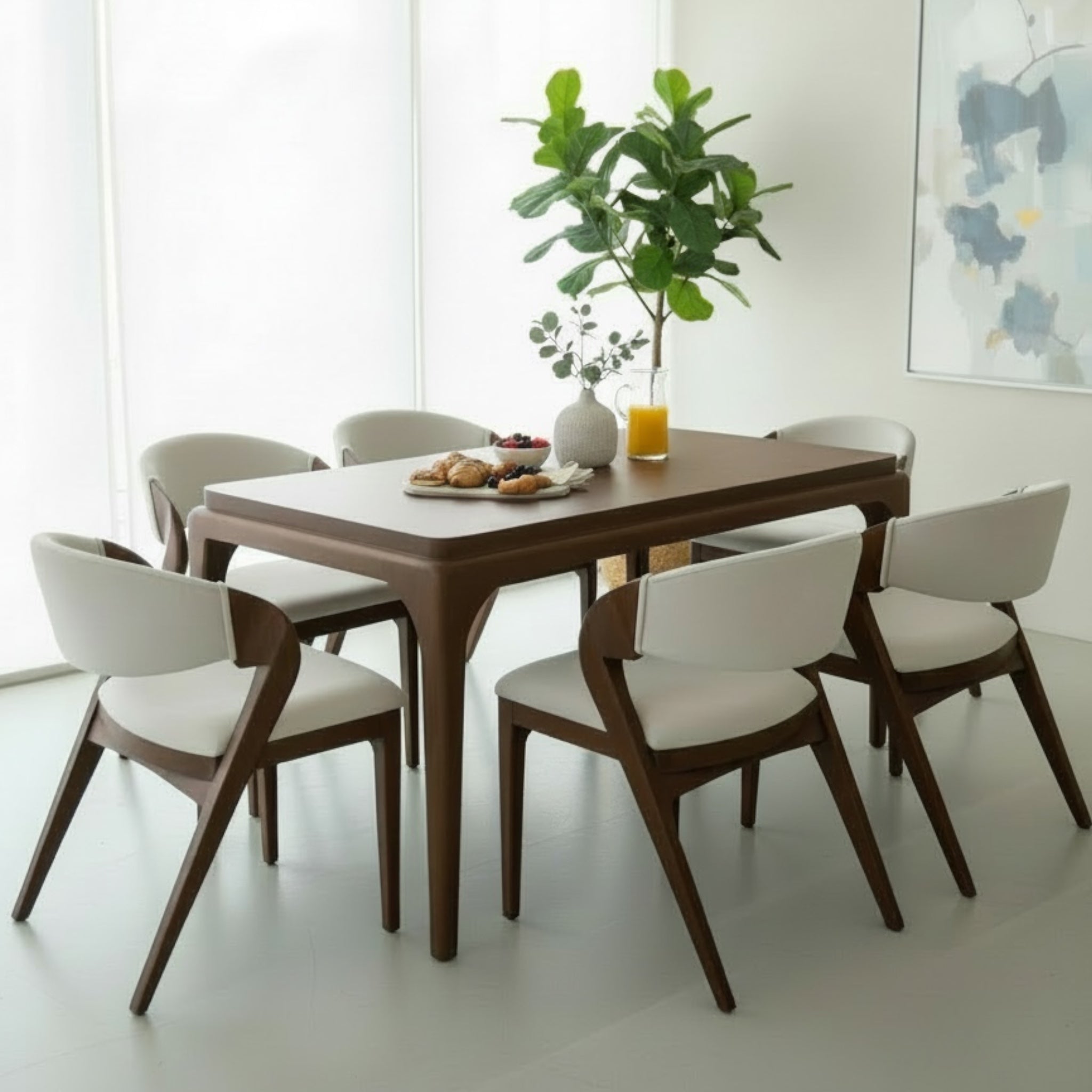 سفرة خشب زان 6 كراسي بتنجيد أوف وايت أنيق