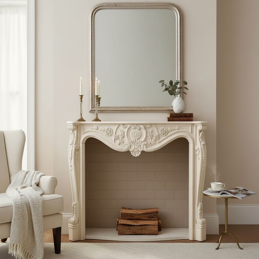 مدفأة كلاسيك أنيقة بحفر يدوي وتصميم فرنسي راقٍ