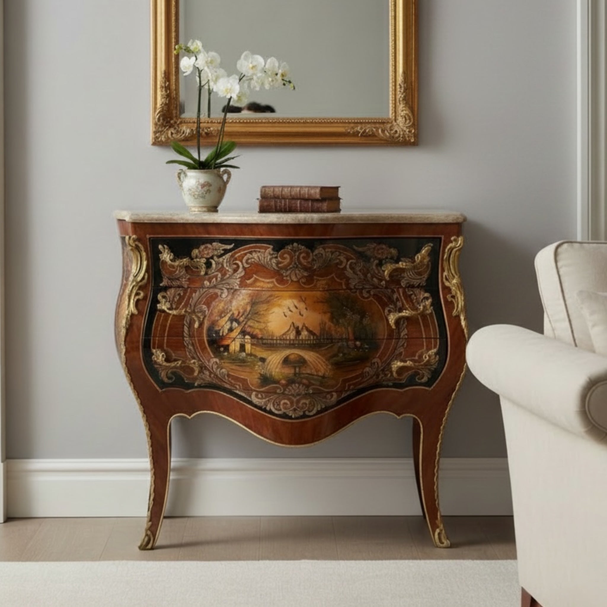 Luxury classic bureau with three drawers and distinctive marble