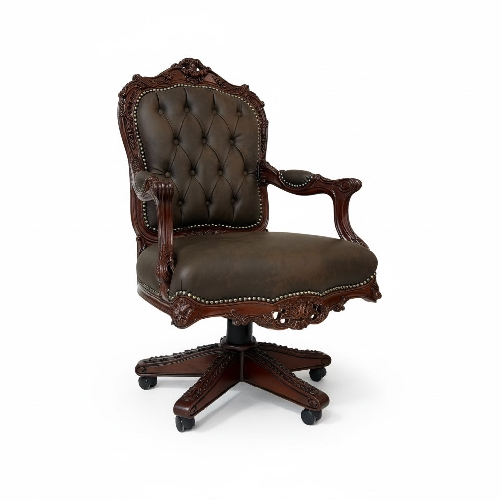 كرسي مكتب دوار كلاسيك جلد بني فاخر