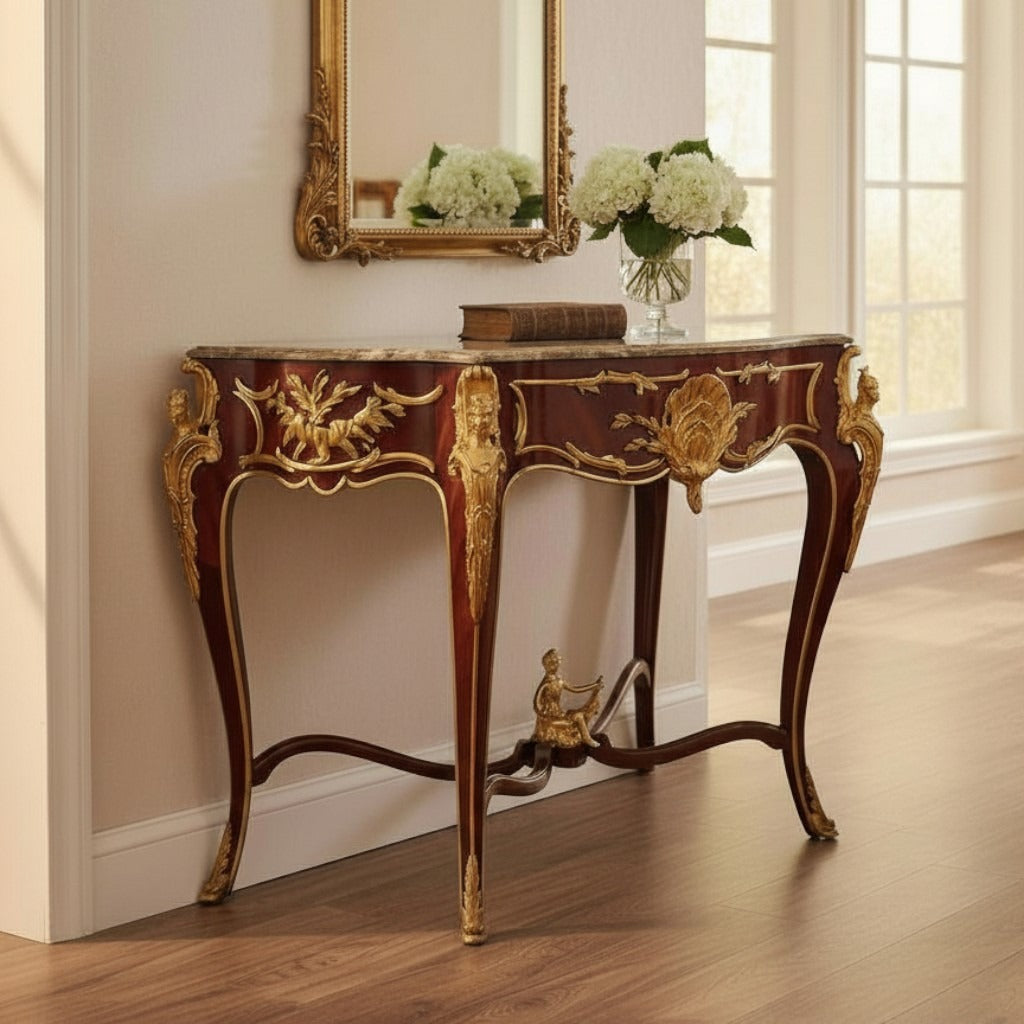 كونسول كلاسيك فاخر بسطح رخام وتطعيمات نحاس