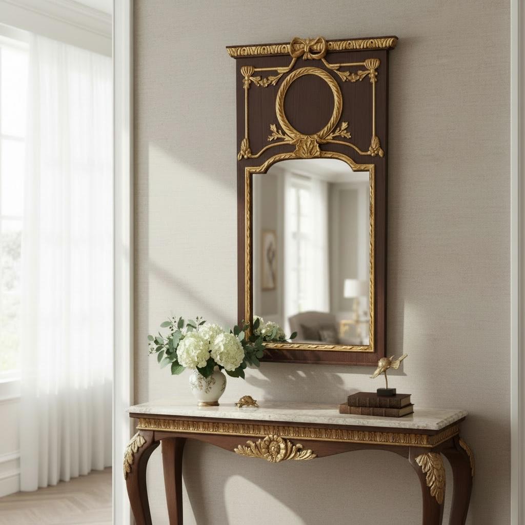 برواز مرآة كلاسيك خشب طبيعي بزخارف ذهبية