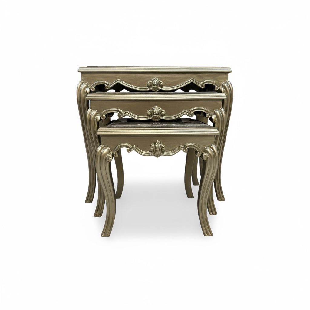 طقم ترابيزات أنتيك من خشب الزان والرخام الطبيعي – تشطيب شامبين فضي فاخر