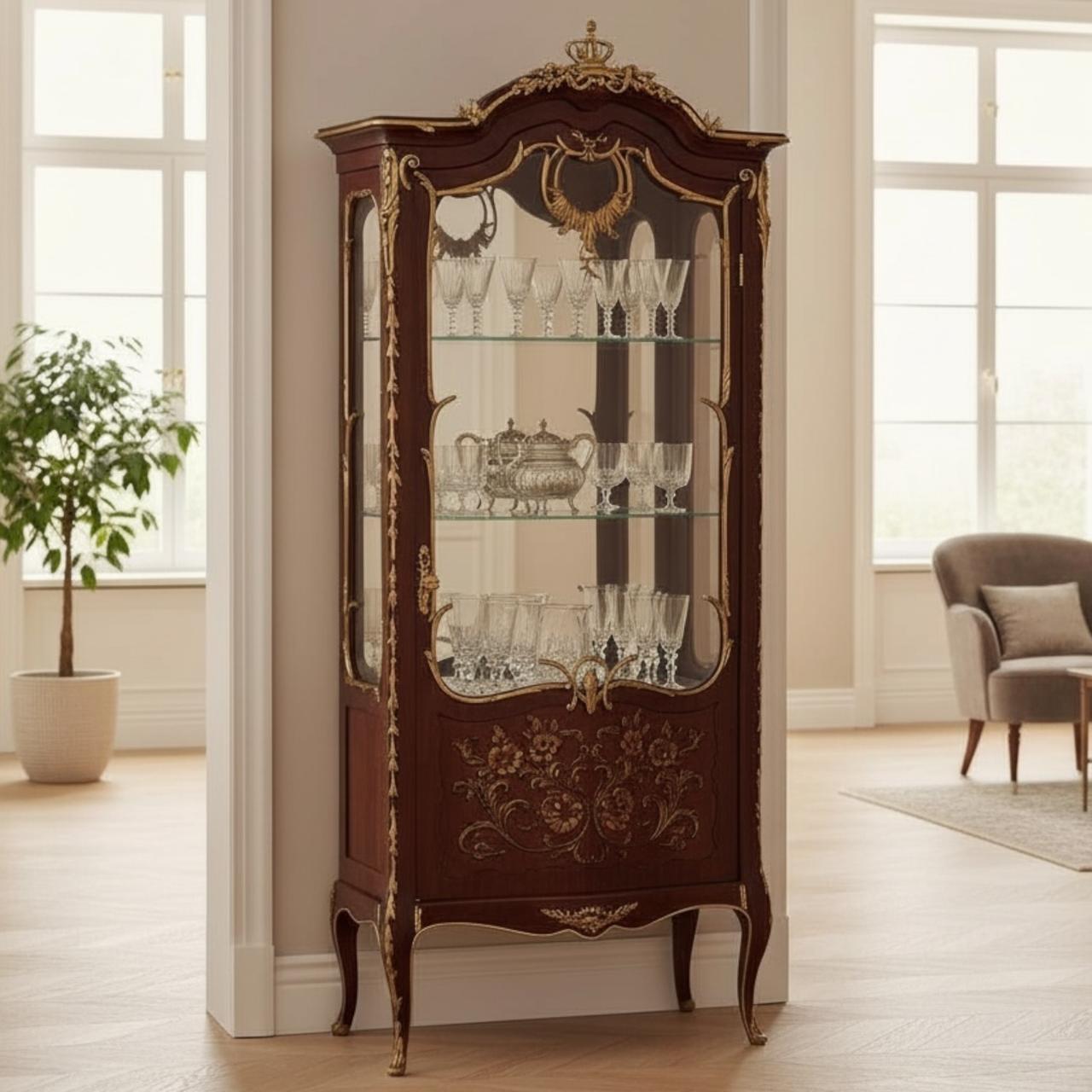 فاترينة أنتيك فاخرة مطعّمة بالنحاس بتصميم كلاسيكي راقٍ