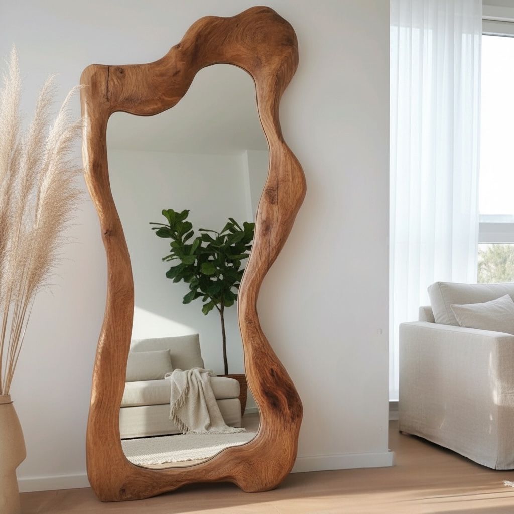 برواز مرآة أرضي خشب طبيعي بتصميم مضلع عصري - Nabolia