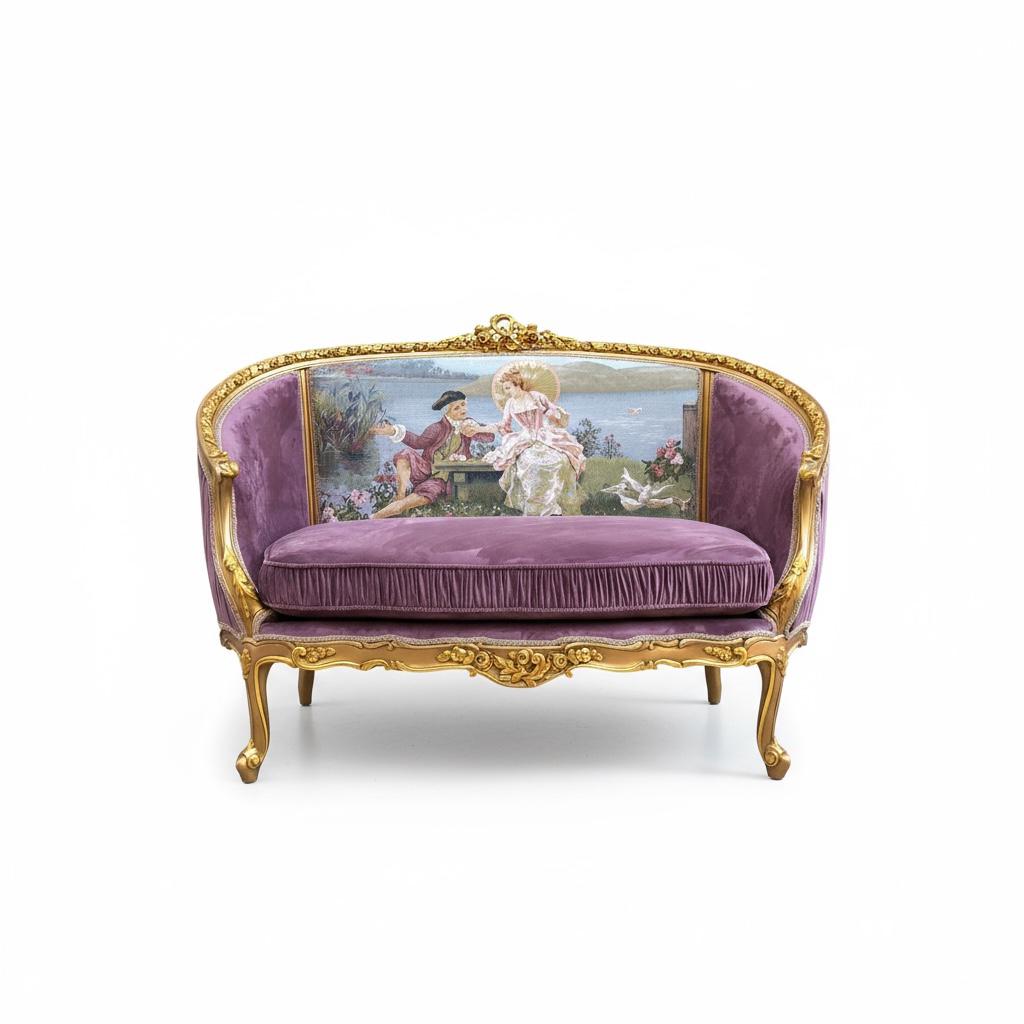 كنبة أنتيك فخمة من الخشب الزان بتنجيد قطيفة ولوحة جوبلان