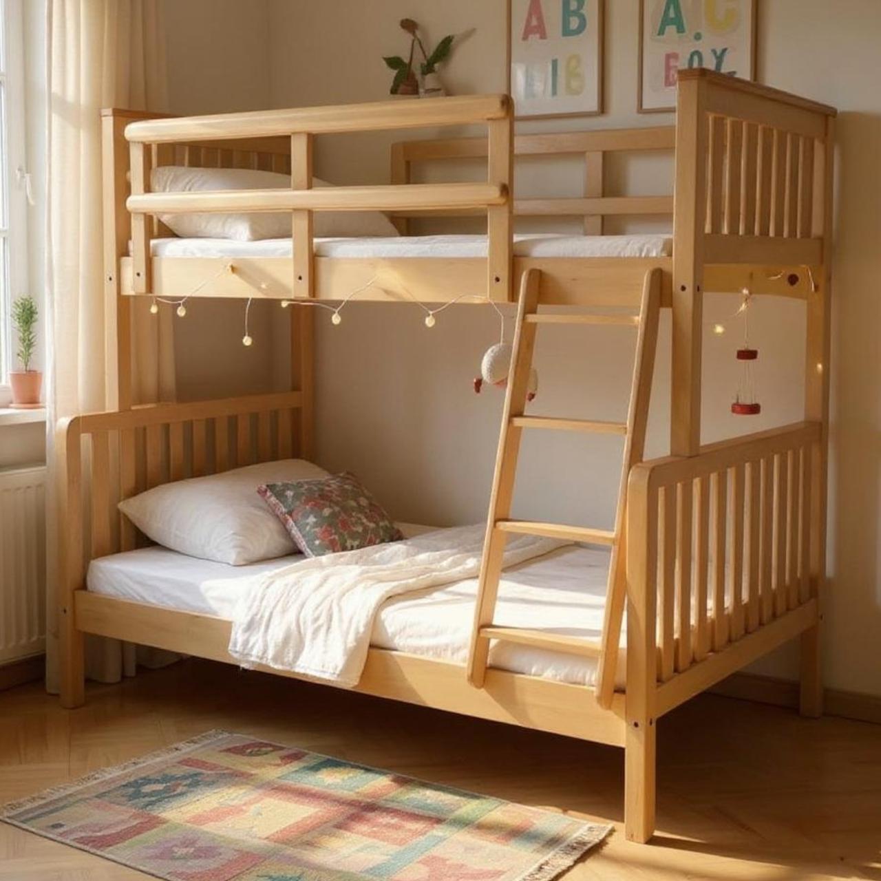 Wood-coloured double-deck bed with a distinctive design