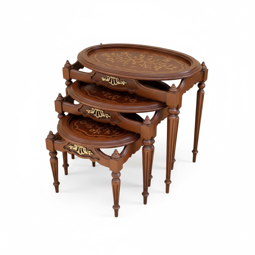 طقم ترابيزات متداخل بني مطعم بالماركتريه – 3 قطع