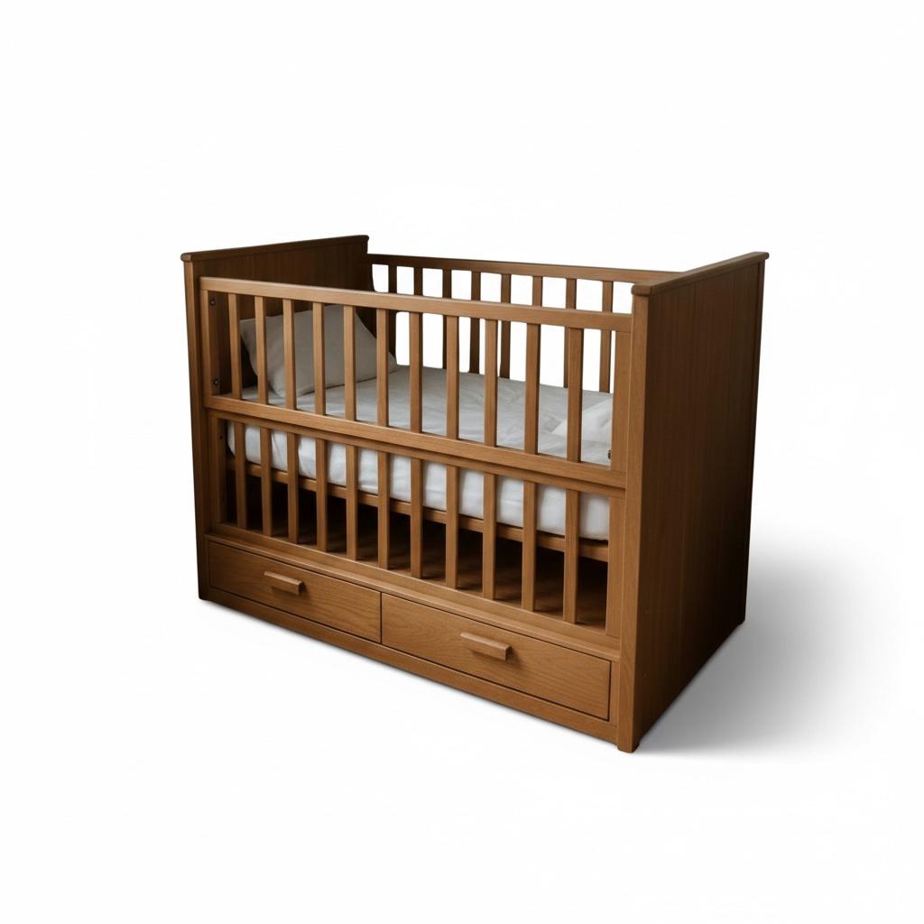 سرير أطفال خشبي بني بوحدة تخزين سفلية