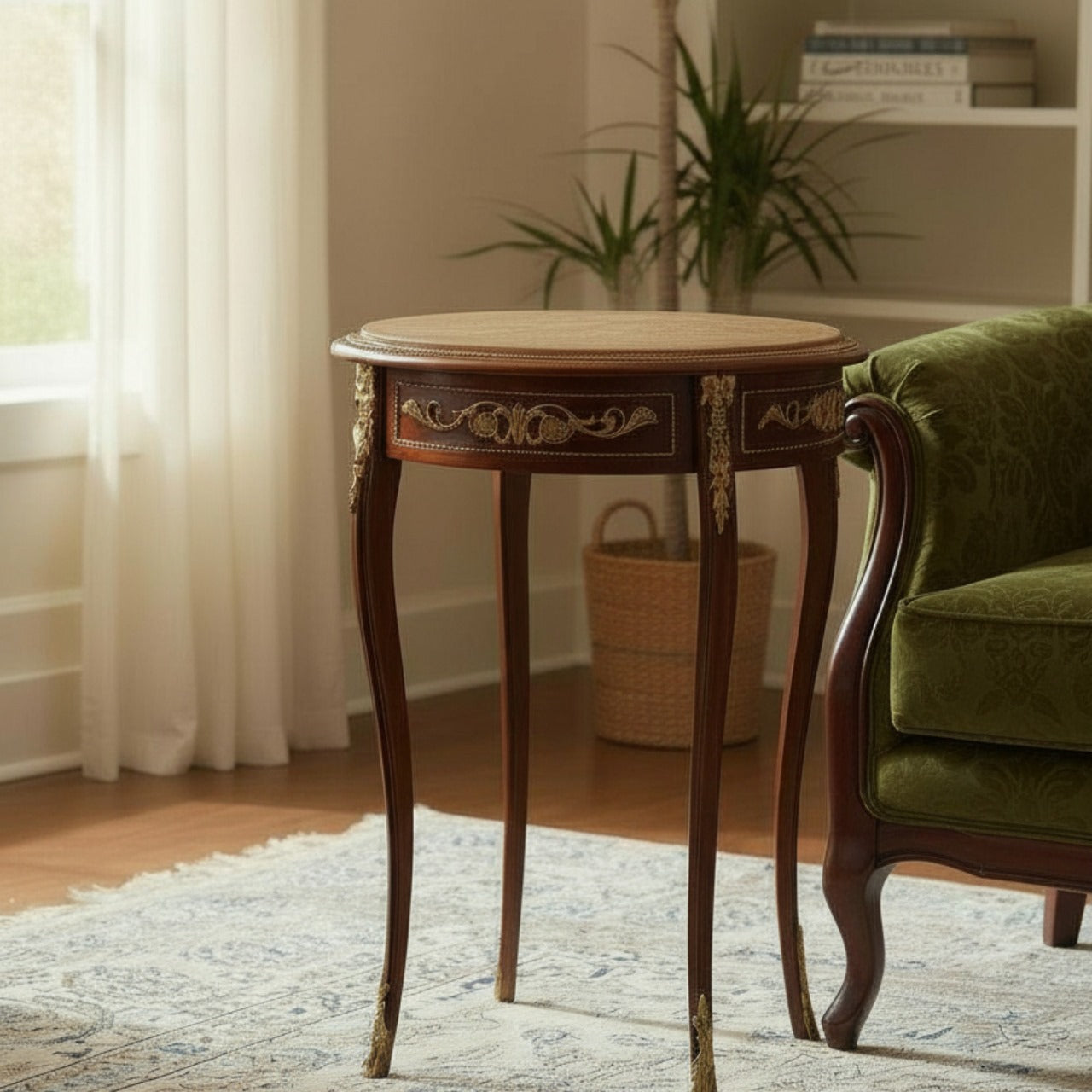 ترابيزة جانبية كلاسيك بيضاوية بتطعيم نحاس و سطح رخام