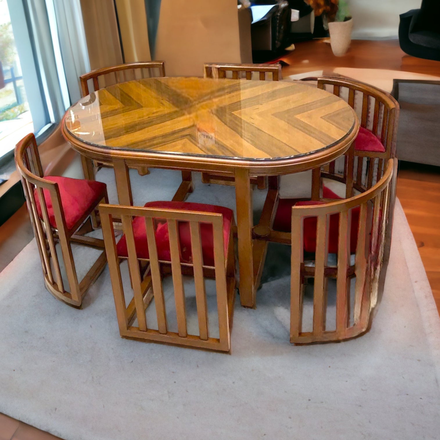 Dining table with overlapping chairs 