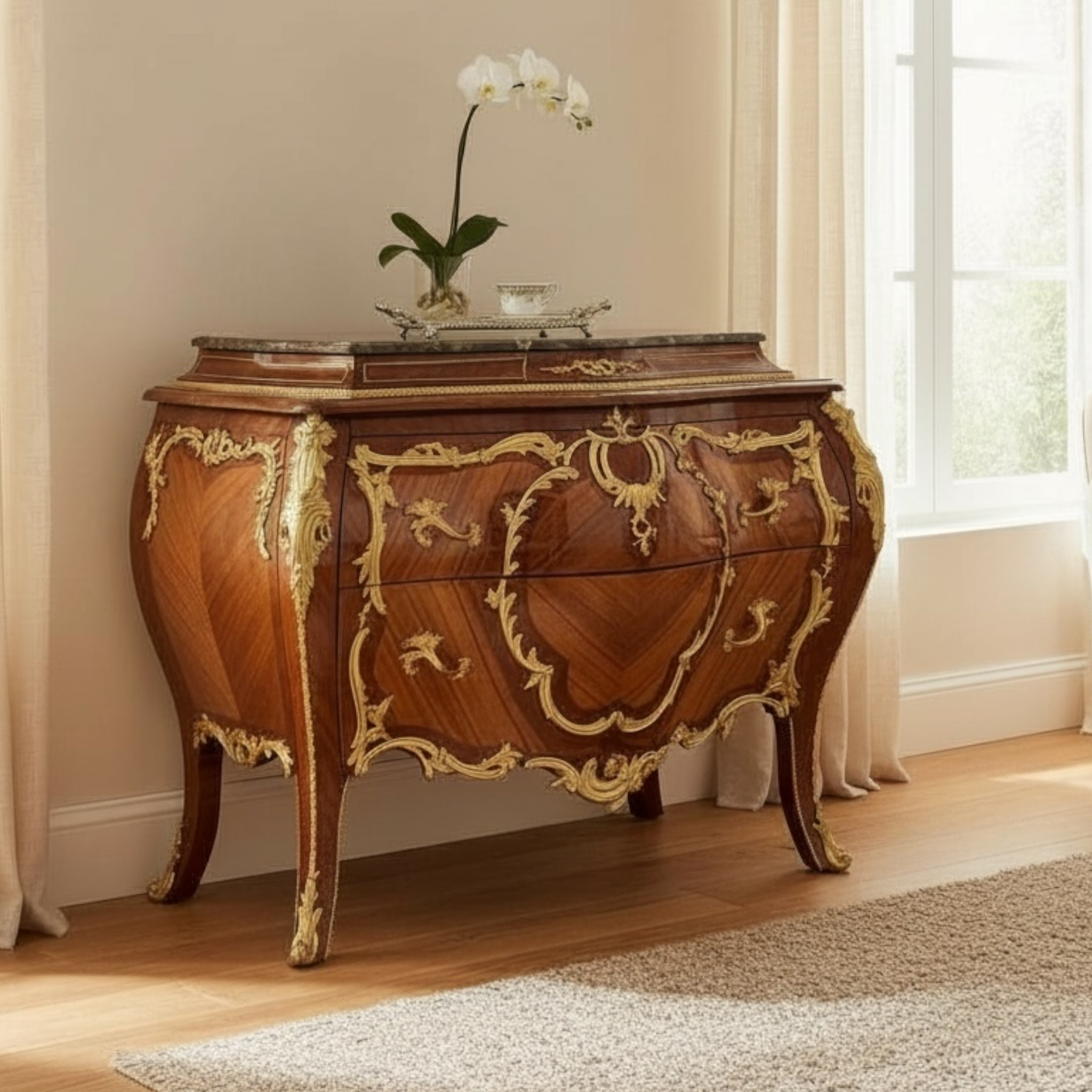 بايوه فرنسي فاخر بتطعيم نحاس وتشطيب وود فينيش – قطعة ملكية بكل تفاصيلها