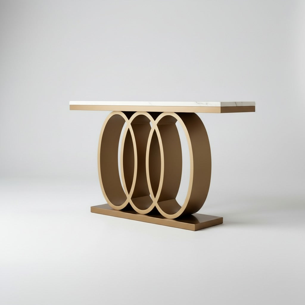 كونسول مدخل مودرن بقاعدة حلقات معدنية ذهبية وسطح فاتح
