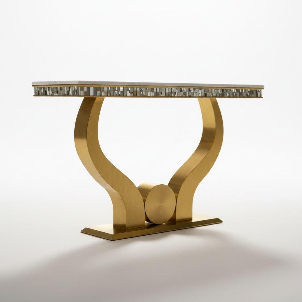 كونسول مدخل مودرن بقاعدة معدنية ذهبية وسطح مزخرف