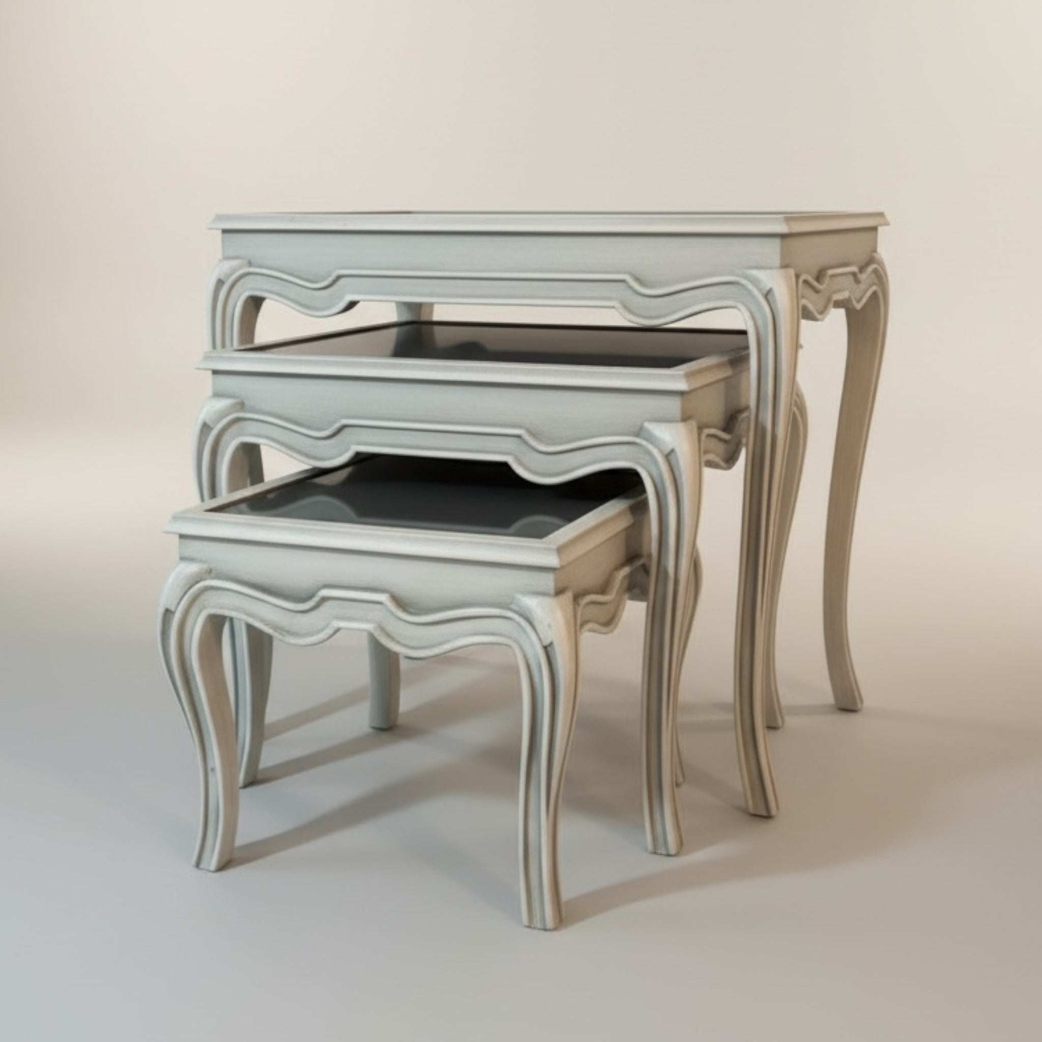 طقم ترابيزات ثلاثي نيوكلاسيك – اوف وايت جراي وزجاج