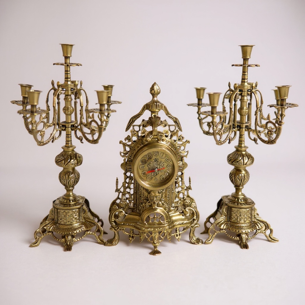 طقم ساعة وشمعدان من النحاس بتصميم كلاسيكي فاخر