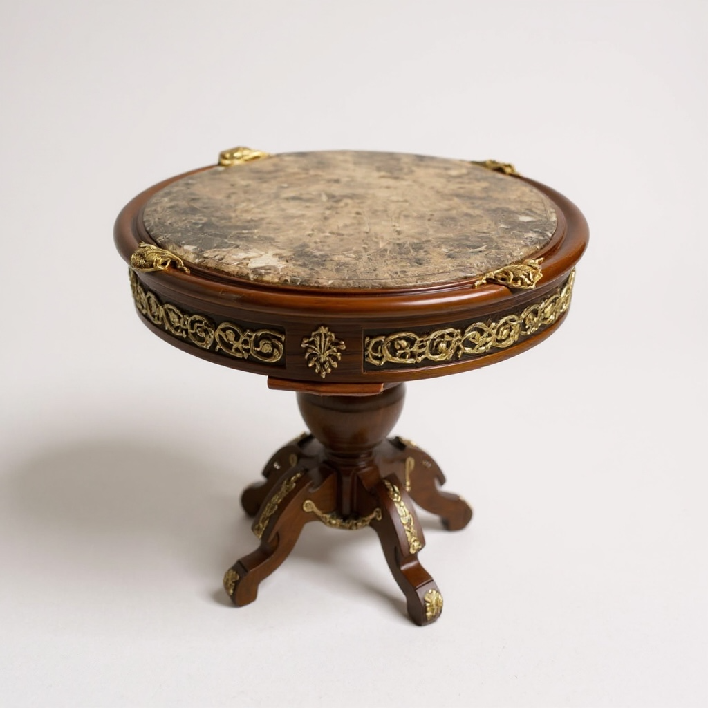 ترابيزة دائرية مطعمة بالنحاس وقرصة رخام امبرادور