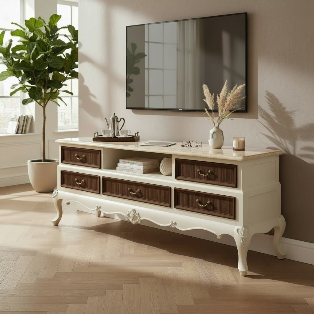 وحدة تلفزيون خشب زان بتصميم كلاسيكي فاخر بتداخل اللون البني مع الاوف وايت