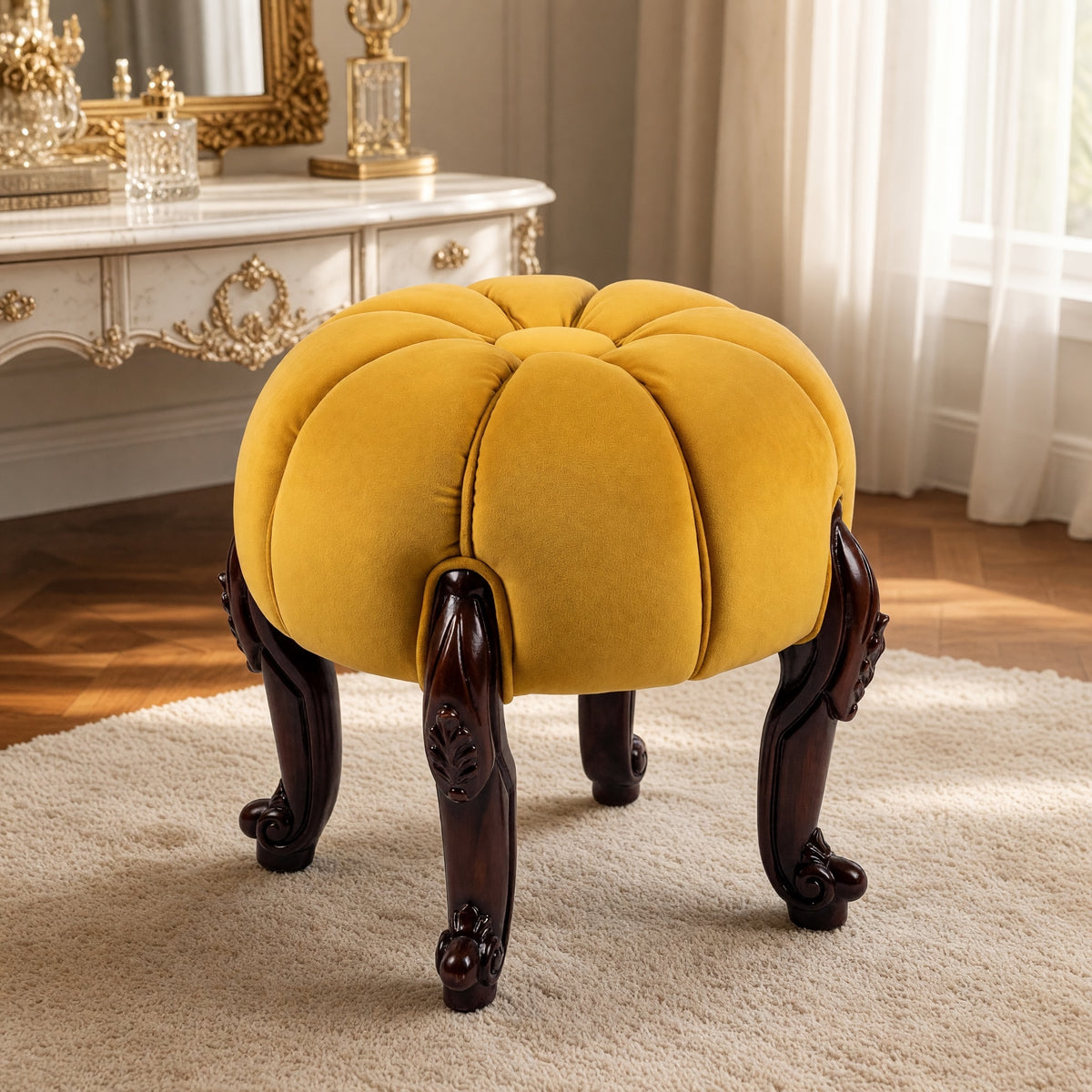 Classic round puff with hand-carved wooden base
