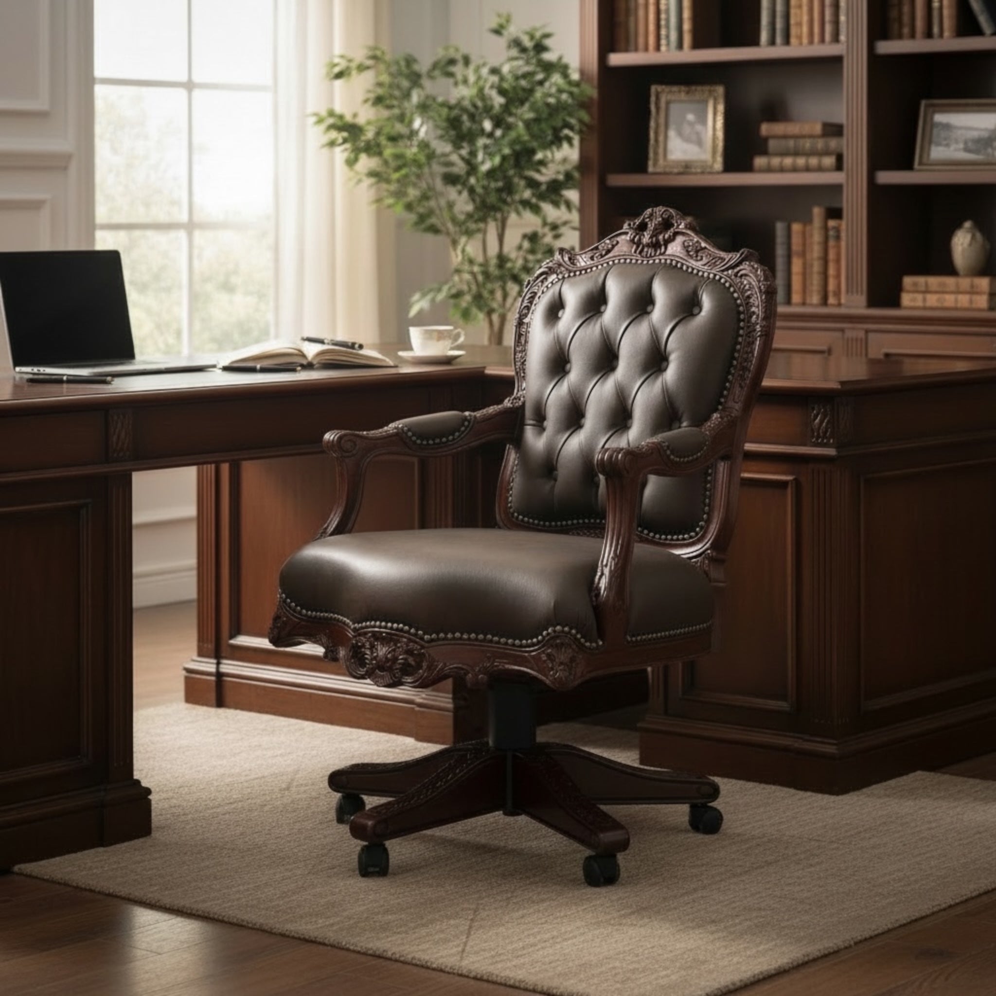 كرسي مكتب دوار كلاسيك جلد بني فاخر
