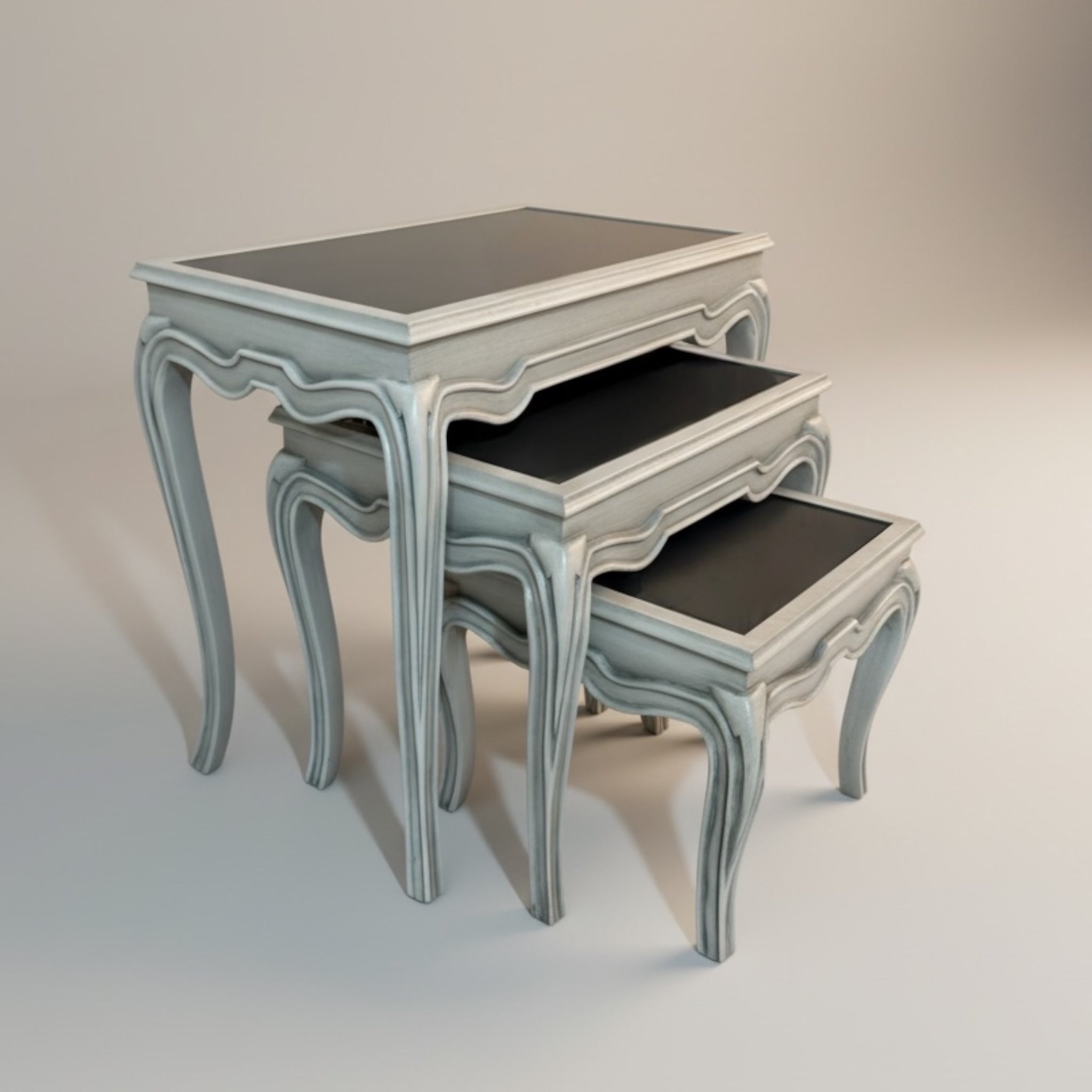 طقم ترابيزات ثلاثي نيوكلاسيك – اوف وايت جراي وزجاج - Nabolia