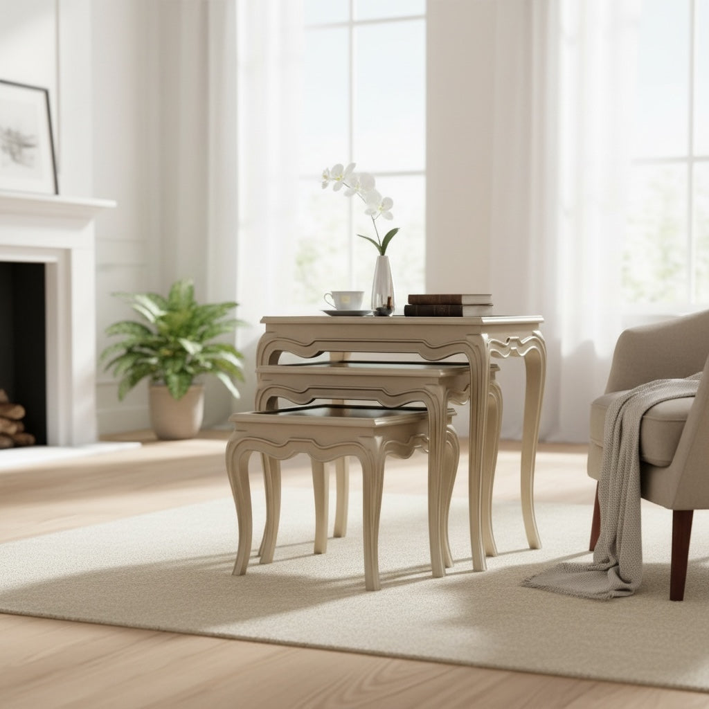 طقم ترابيزات ثلاثي نيوكلاسيك – شامبين وزجاج - Nabolia