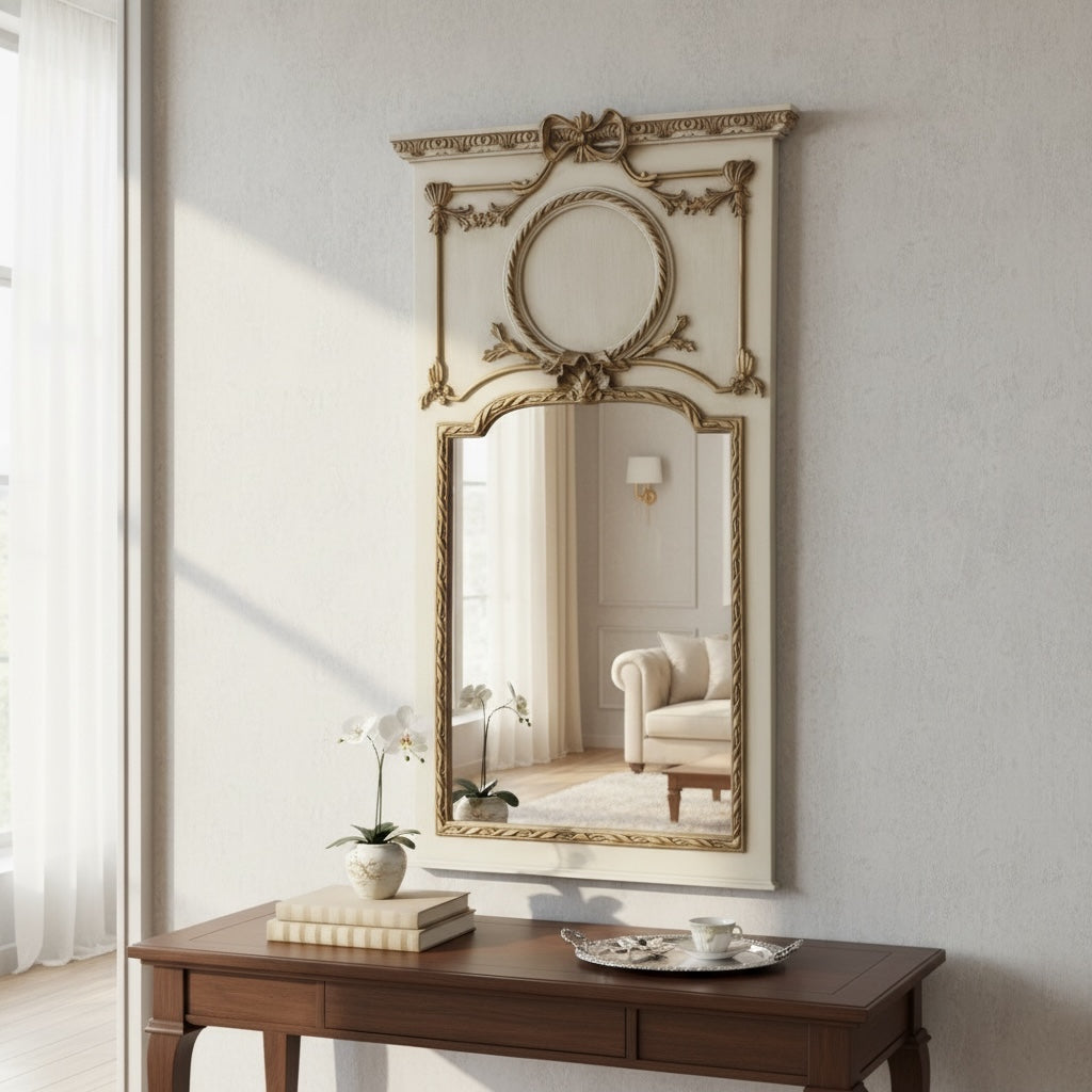 برواز مرآة كلاسيك خشب طبيعي بزخارف ذهبية لون أبيض مدهب - Nabolia