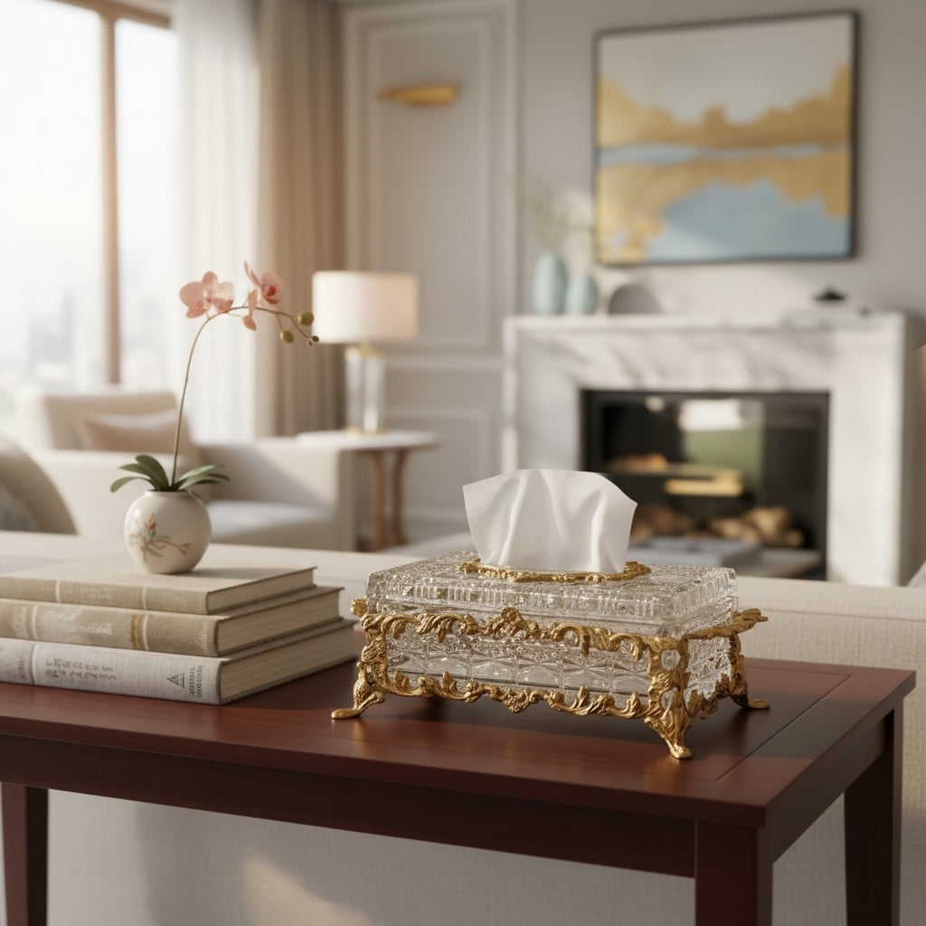 علبة مناديل كريستال مطعمة بالنحاس - Nabolia