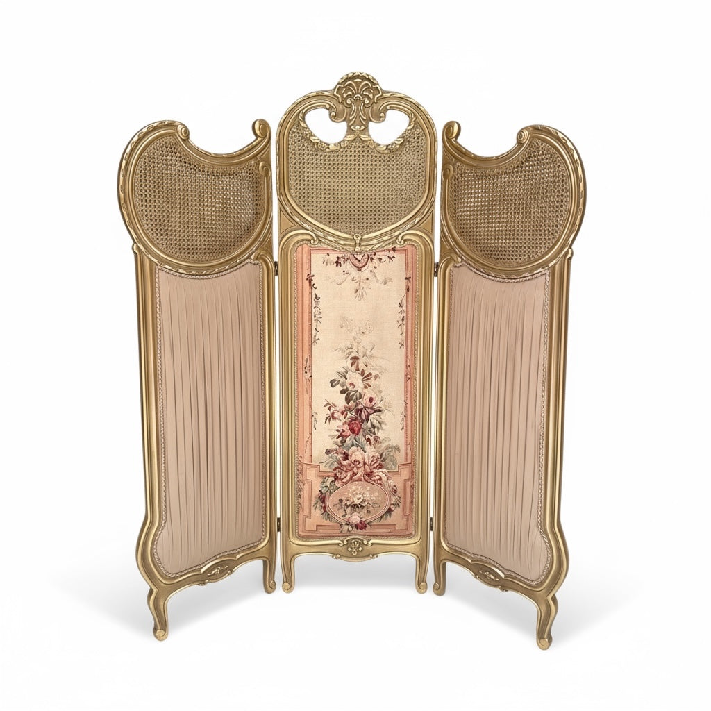 French pleated curtain with printed fabric and antique gold finish