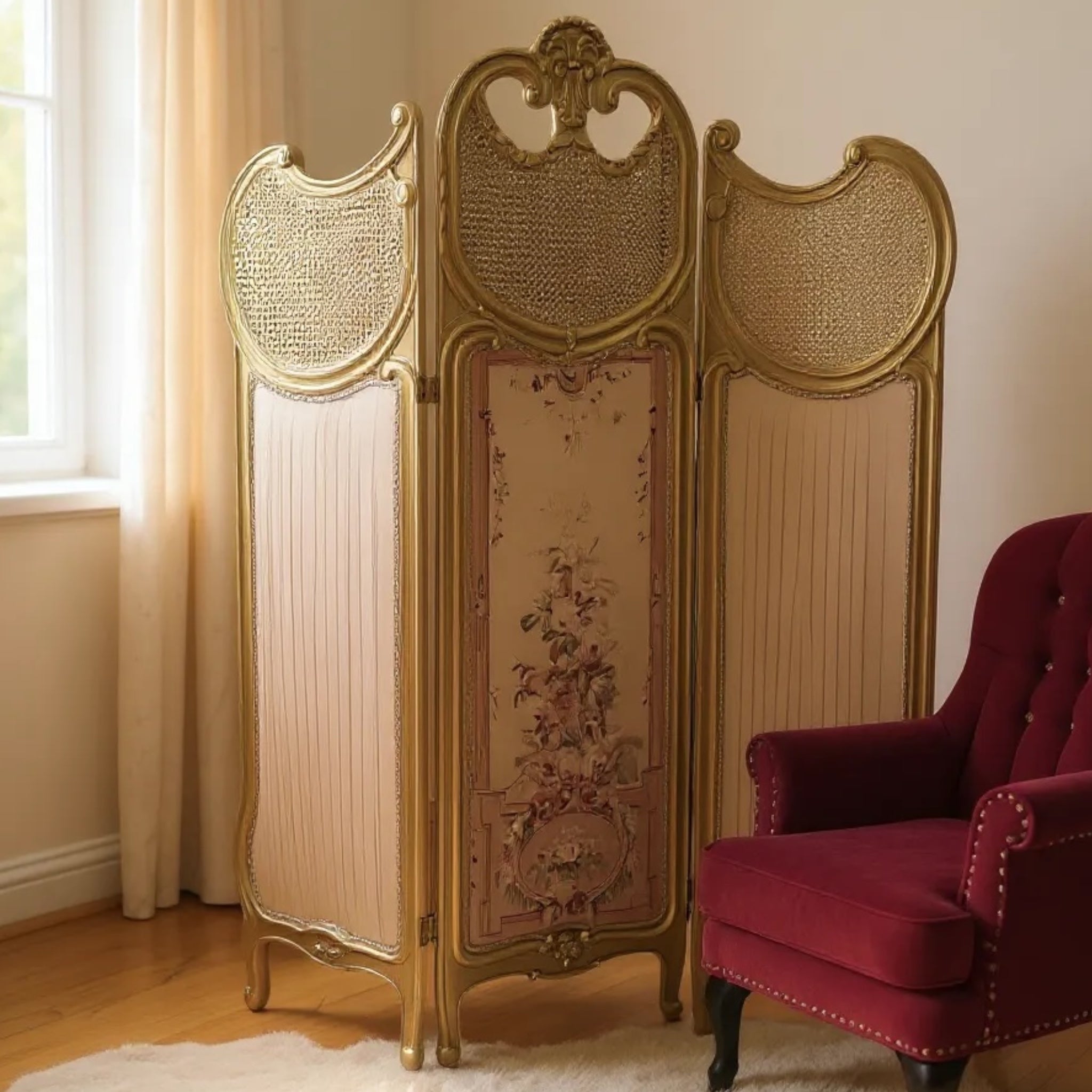 French pleated curtain with printed fabric and antique gold finish