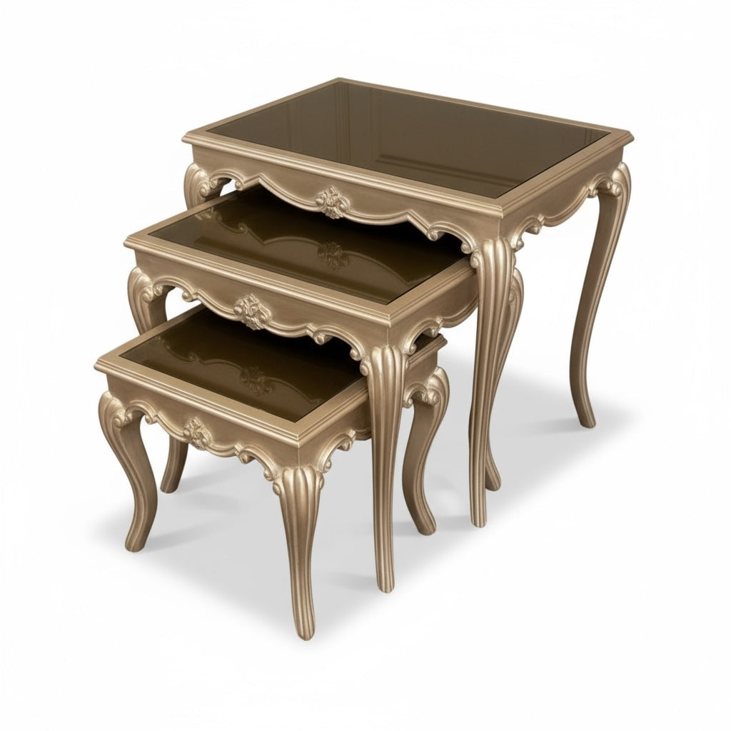 طقم ترابيزات ثلاثي بقرصة زجاج فاميه – تشطيب شامبين فاخر